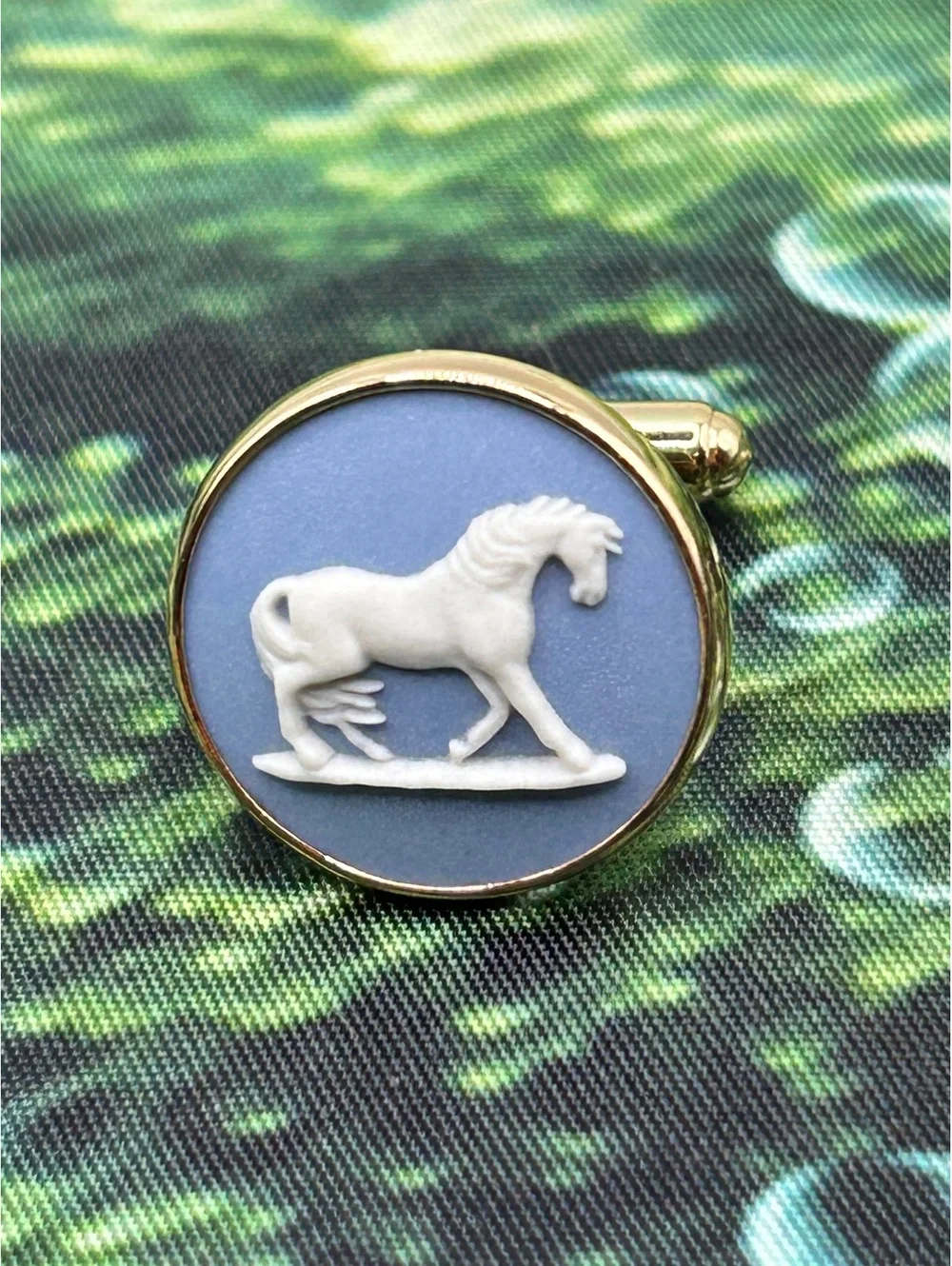 Wedgwood Pale Blue Jasperware Equestrian Cufflinks & Tie Bar Set Vintage Ex Cond
